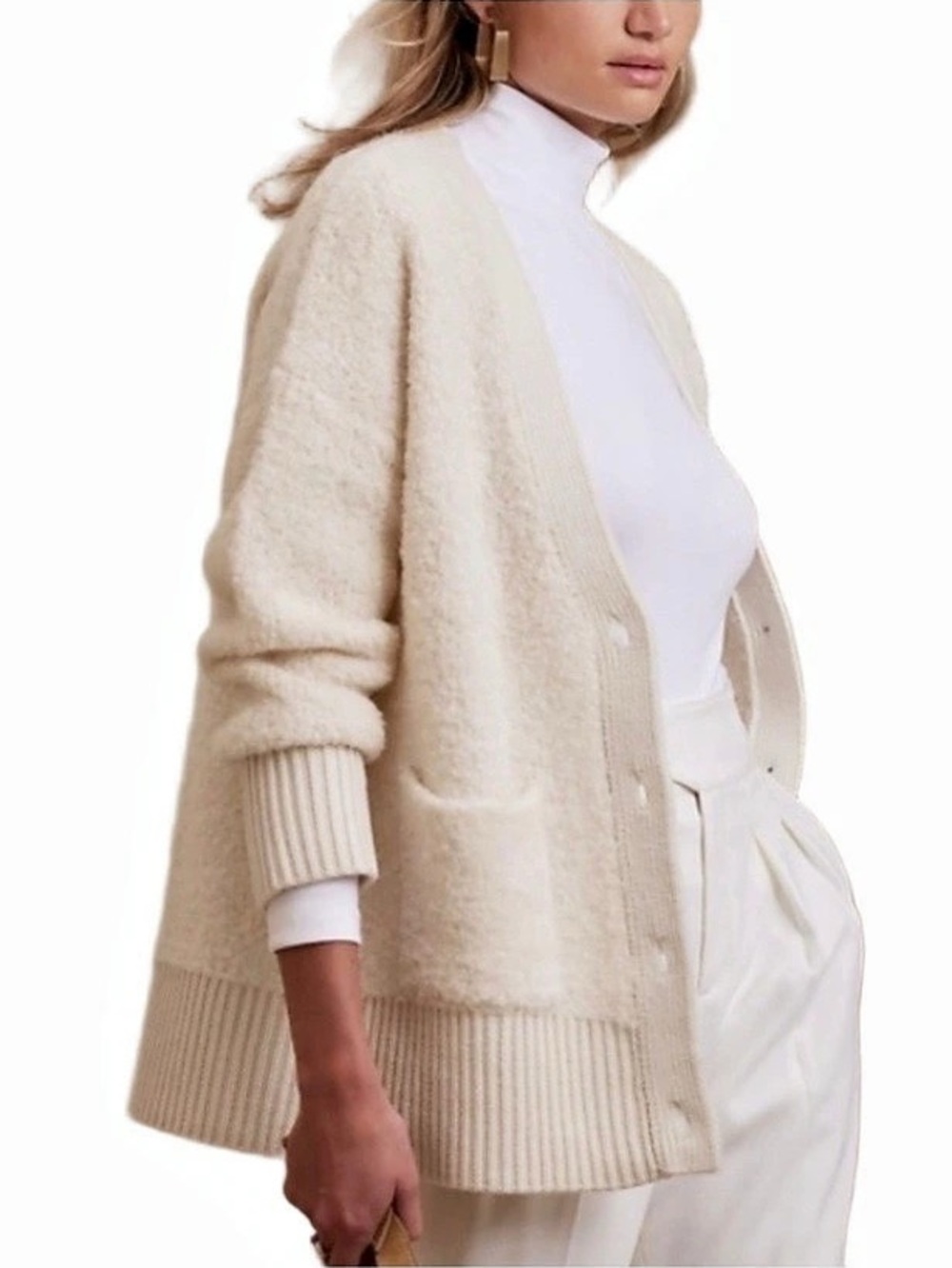 Banana Republic Alpaca Merino Oversized Safido Bouclé Cardigan Cream XS Academia
